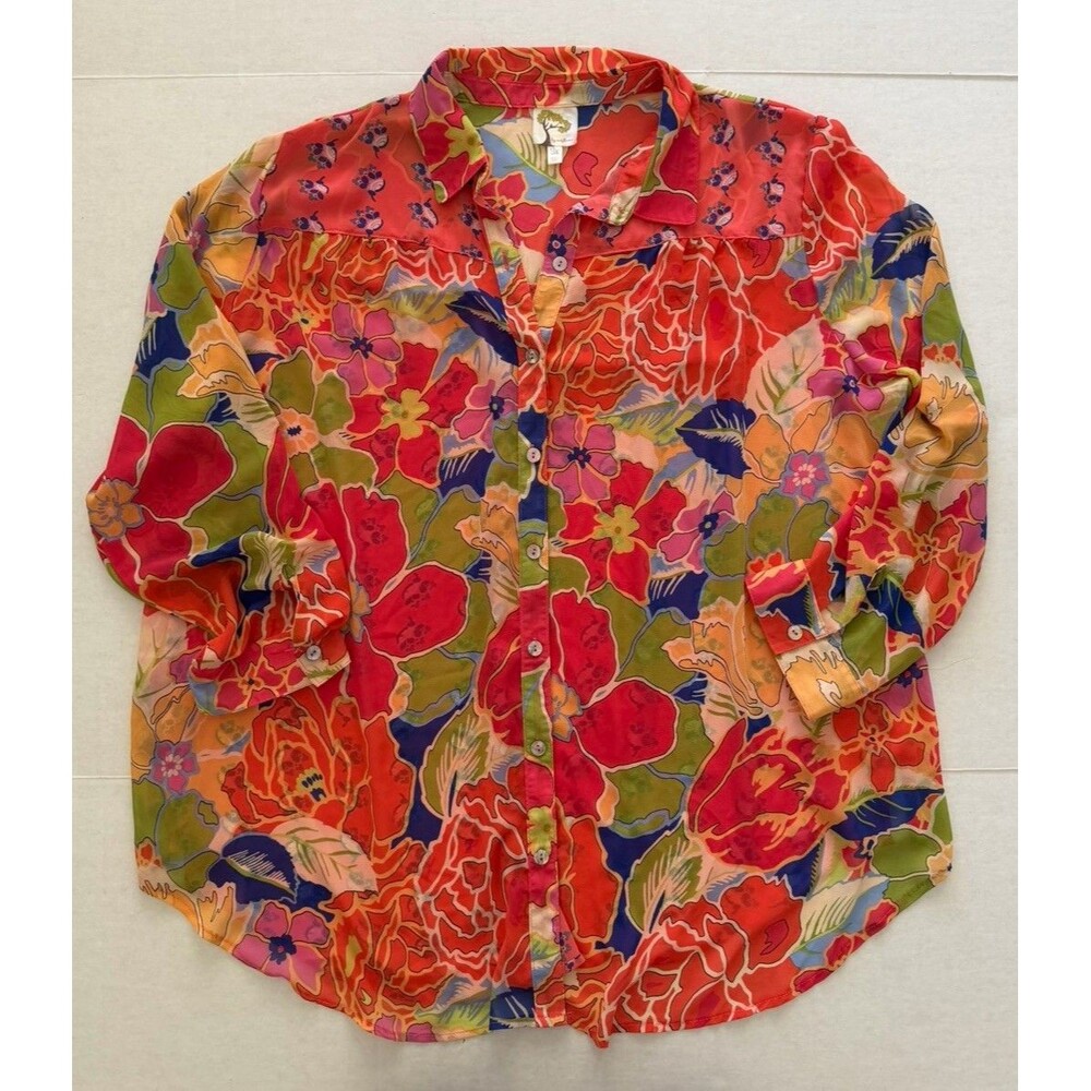 Fig & Flower Mixed Print Chiffon Blouse Top 3XL Sheer Patchwork Boho Peasant